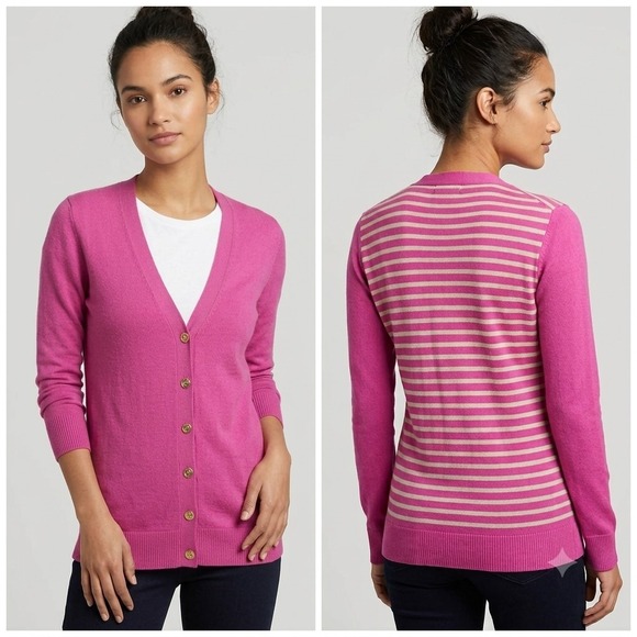 Banana Republic Sweaters - Banana Republic S Magenta Pink & Grey Striped Back V-Neck Cardigan Gold Buttons